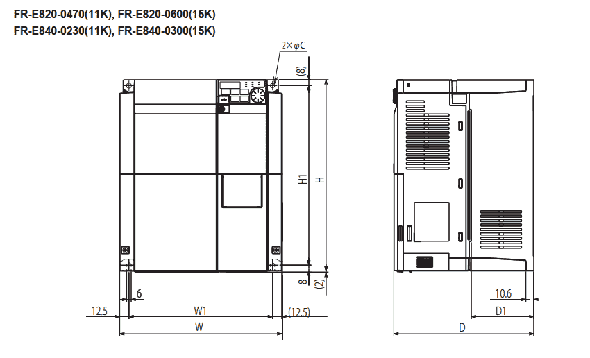 Kích thước biến tần FR-E820-15K-1