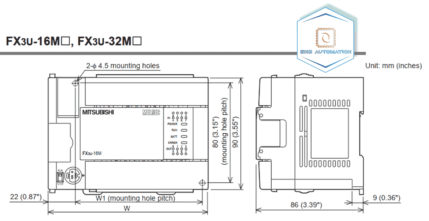 Kích thước plc fx3u-16mr/es